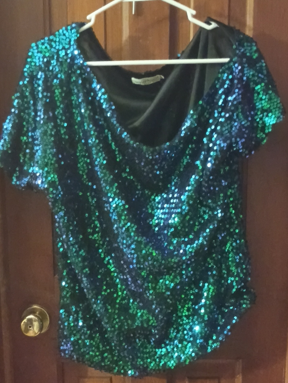 Iridescent Green and Blue Sequin Draped Women's Blouse